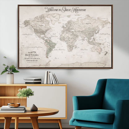 93034948-MGV-CV-36X24-Personalized World Map Wall Art – Vintage Beige Adventure Travel Map with Custom Names, Elegant Push Pin Canvas for Couples,