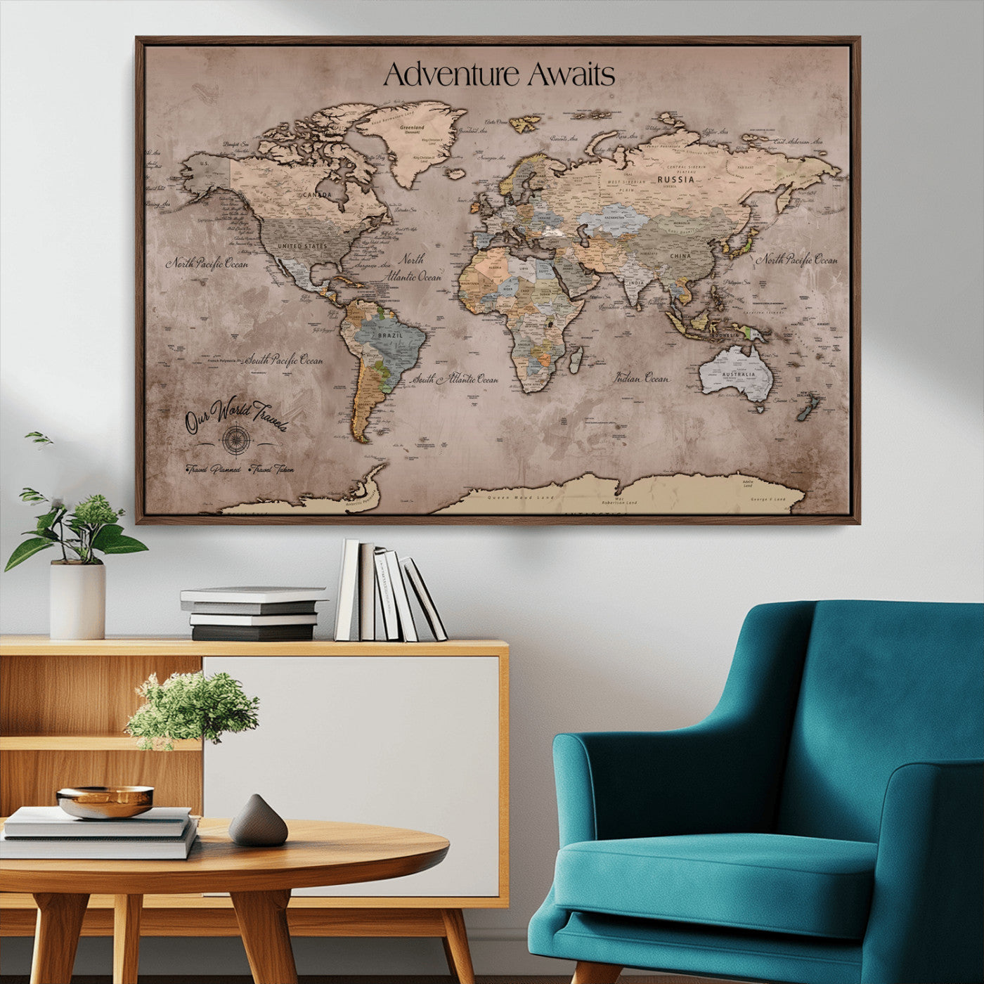93226713-MGV-CV-36X24-Personalized World Map Wall Art – Adventure Awaits Rustic Earth-Tone Travel Map with Custom Names, Vintage Wall Decor for Couples,