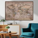 93226713-MGV-CV-36X24-Personalized World Map Wall Art – Adventure Awaits Rustic Earth-Tone Travel Map with Custom Names, Vintage Wall Decor for Couples,