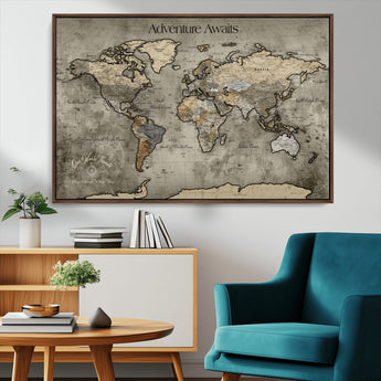 72658967-MGV-CV-36X24-Personalized World Map Wall Art – Adventure Awaits Rustic Sepia Travel Map with Custom Names, Vintage Wall Decor for Couples, Home