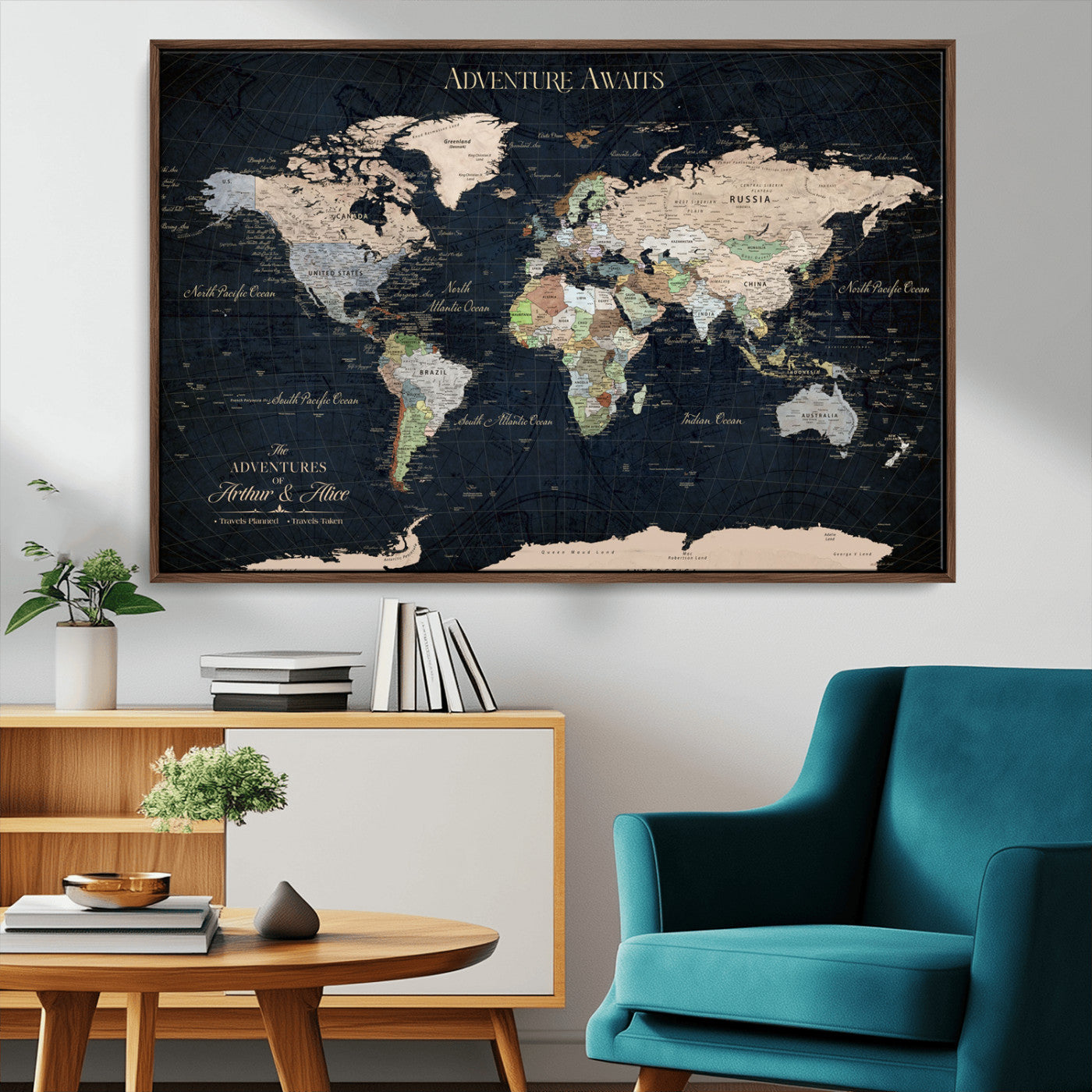15547583-MGV-CV-36X24-Personalized World Map Wall Art – Rustic Navy Adventure Awaits Travel Map with Custom Couple Names, Vintage Wall Decor for Home or