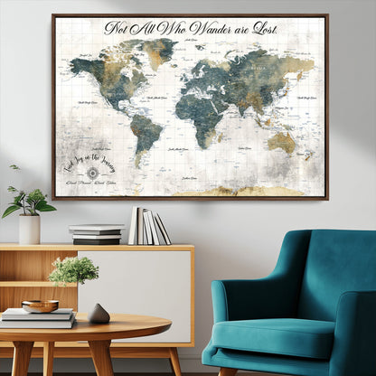 16233493-MGV-CV-36X24-Personalized World Map Wall Art – Rustic Blue Green Wanderlust Travel Map with Custom Couple Names, Vintage Wall Decor for Home
