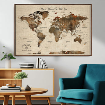 48225643-MGV-CV-36X24-Personalized World Map Wall Art – Rustic Vintage Adventure Travel Map with Custom Couple Names, Romantic Wall Decor for Home or