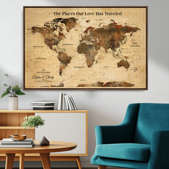 50680593-MGV-CV-36X24-Personalized World Map Wall Art – Rustic Brown Adventure Travel Map with Custom Names, Elegant Push Pin Canvas for Couples Home,