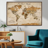 91961147-MGV-CV-36X24-Personalized World Map Wall Art – Vintage Sepia Adventure Travel Map with Custom Couple Names, Rustic Wall Decor for Home, Couples