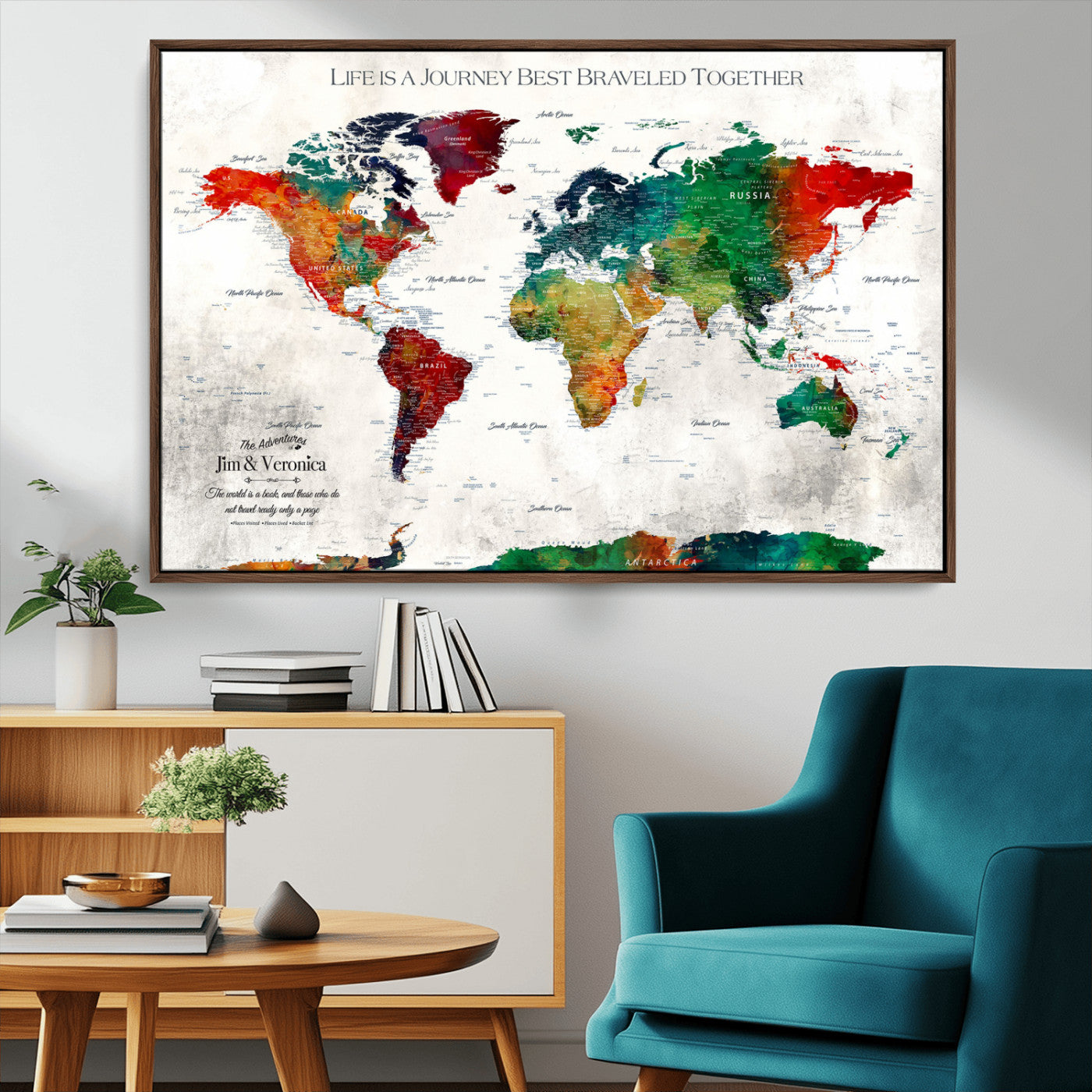 95876117-MGV-CV-36X24-Personalized World Map Wall Art – Colorful Watercolor Travel Map with Custom Names, Romantic Wall Decor for Couples, Wedding or