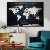 13231361-MGV-CV-36X24-Personalized World Map Wall Art – Navy Blue Vintage Adventure Travel Map with Custom Names, Elegant Push Pin Canvas for Couples