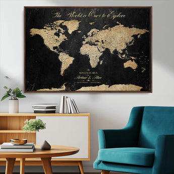 98947257-MGV-CV-36X24-Personalized World Map Wall Art – Vintage Black Adventure Travel Map with Custom Names, Elegant Push Pin Canvas for Couples Home