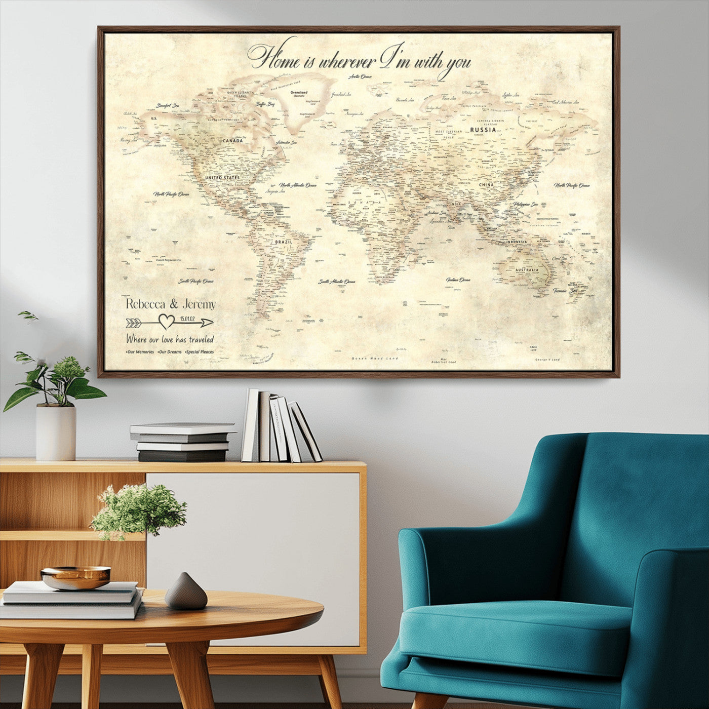 57950315-MGV-CV-36X24-Personalized World Map Wall Art – Vintage Beige Travel Map with Custom Names, Romantic Anniversary Gift for Couples, Adventure