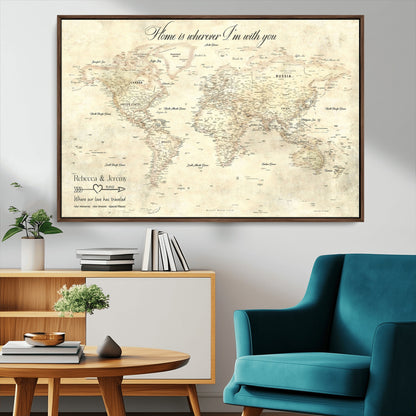 57950315-MGV-CV-36X24-Personalized World Map Wall Art – Vintage Beige Travel Map with Custom Names, Romantic Anniversary Gift for Couples, Adventure