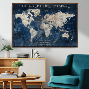 16933330-MGV-CV-36X24-Personalized World Map Wall Art – Navy Blue Vintage Travel Map with Custom Names, Anniversary Gift for Couples Romantic Adventure