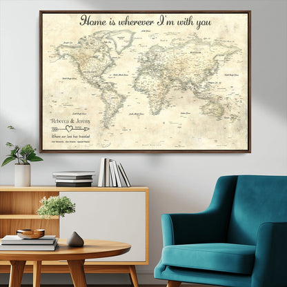 35009043-MGV-CV-36X24-Personalized World Map Wall Art – Vintage Beige Travel Map with Custom Names and Date, Romantic Anniversary Gift for Couples Home
