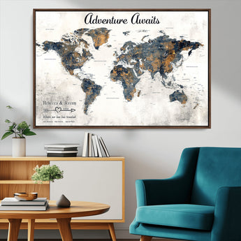 11751559-MGV-CV-36X24-Personalized World Map Wall Art – Elegant Adventure Travel Tracker Map for Couples & Families, Push Pin Canvas Poster Decor for Home, Office