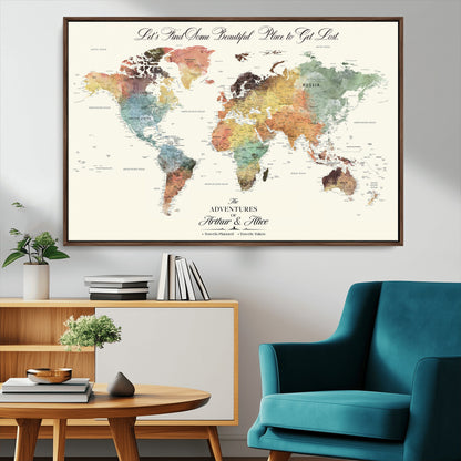 10311652-MGV-CV-36X24-Personalized World Map Wall Art - Watercolor Travel Map with Custom Names Minimalist Design for Couples&Families - Decor for Home,