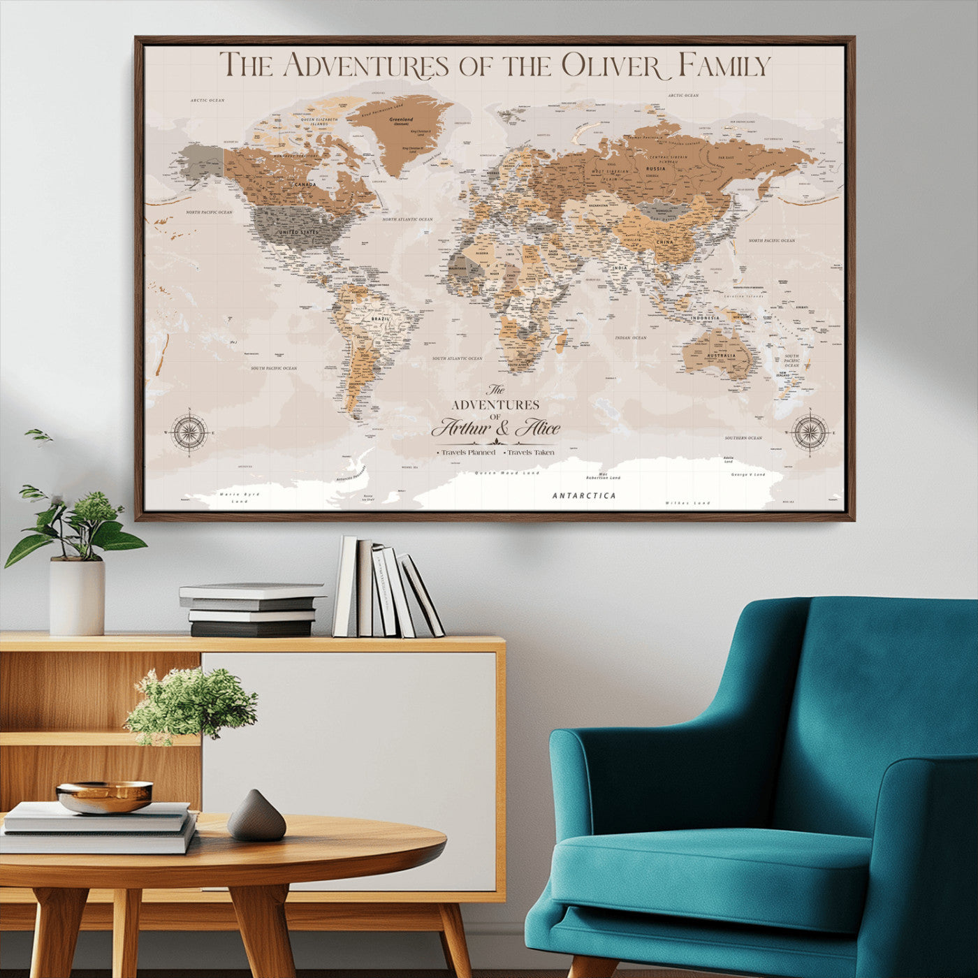 34289723-MGV-CV-36X24-Personalized World Map Wall Art – Elegant Beige and Brown Adventure Map Canvas Print for Family Home, Living Room, Study or Office