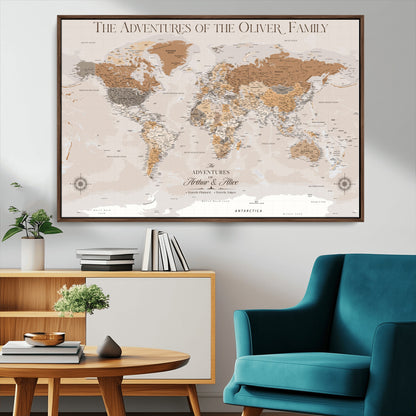 34289723-MGV-CV-36X24-Personalized World Map Wall Art – Elegant Beige and Brown Adventure Map Canvas Print for Family Home, Living Room, Study or Office