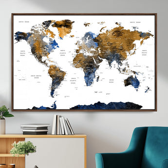 MGV-FC-36X24 - World Map Wall Art Canvas Print, Framed Blue Gold Map Art Picture Print, Rustic Atlas Perfect Rustic Modern Decor Artwork