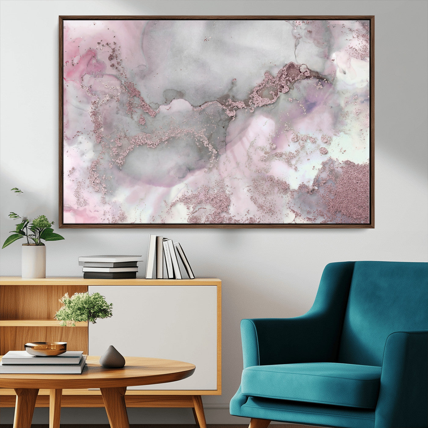 16416-MGV-CV-36X24-Blush Marble Wall Art Canvas Print, Framed Rose Gold Art Picture Print, Pink Cloudy Perfect Modern Glam Decor Artwork