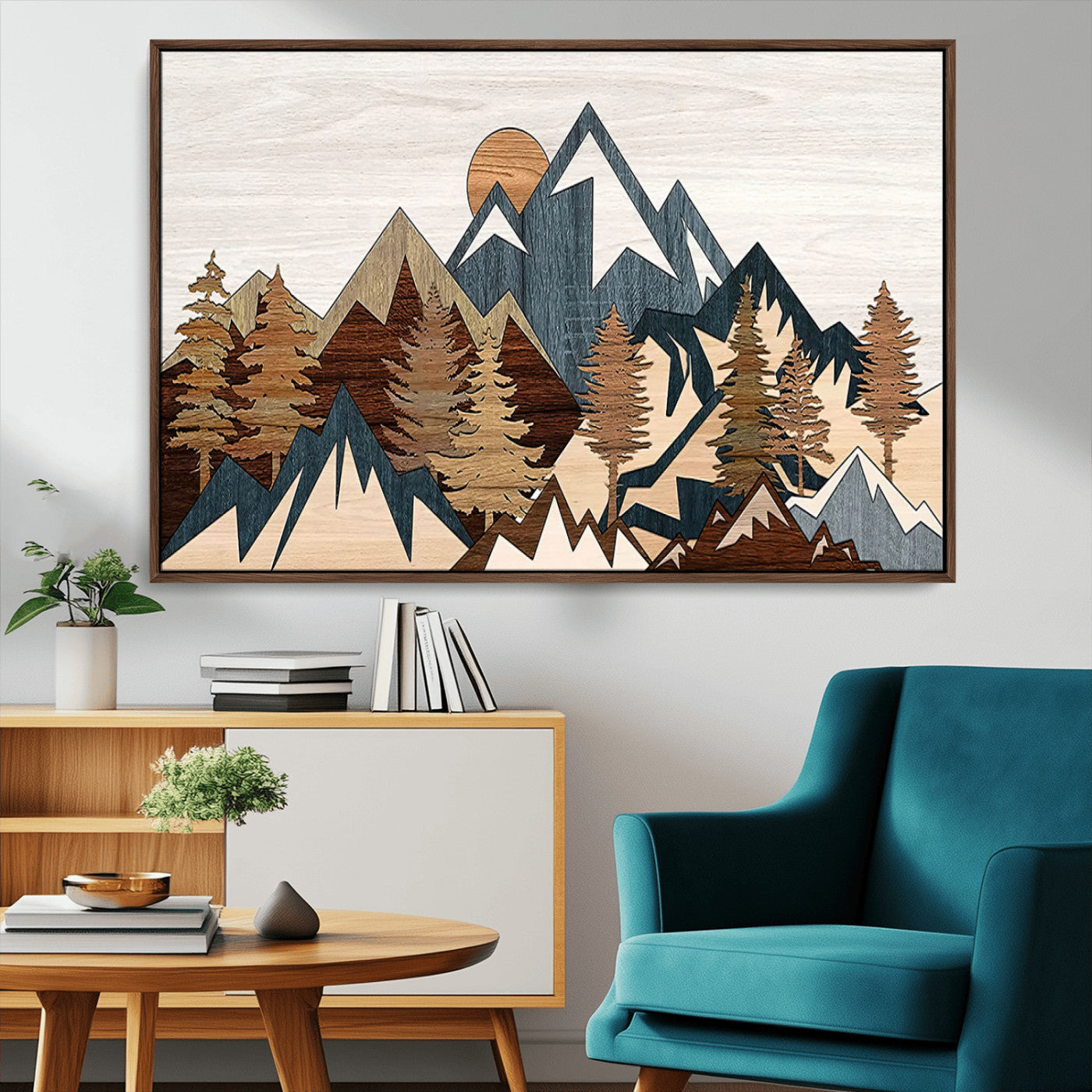 80300-MGV-CV-36X24-Geometric Mountains Wall Art Canvas Print, Framed Stylized Trees Art Picture Print, Graphic Forest Perfect Rustic Abstract Decor