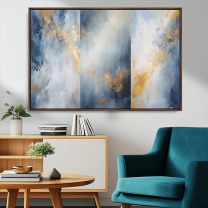 41836-MGV-CV-36X24-Abstract Gold Wall Art Canvas Print, Framed Blue Layers Art Picture Print, Elegant Cloud Perfect Elegant Minimalist Decor Artwork