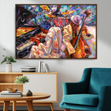 13675-MGV-CV-36X24-Jazz Band Wall Art Canvas Print, Framed Jazz Oil Painting Art Picture Print, Vibrant Music Perfect Abstract Musical Decor Artwork