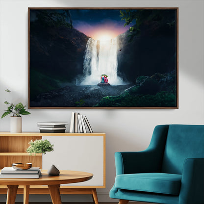 56359-MGV-CV-36X24-Lilo Stitch Wall Art Canvas Print, Framed Stitch Angel Art Picture Print, Cartoon Waterfall Perfect Tropical Fantasy Decor Artwork