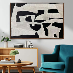 33714-MGV-CV-36X24-Monochrome Design Wall Art Canvas Print, Framed Modern Linework Art Picture Print, Textured Shapes Perfect Monochrome Modern Decor