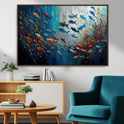 89626-MGV-CV-36X24-Fish Swarm Wall Art Canvas Print, Framed Abstract Ocean Art Picture Print, Underwater Life Perfect Vibrant Coastal Decor Artwork