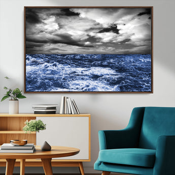 91043-MGV-CV-36X24-Stormy Ocean Wall Art Canvas Print, Framed Moody Seascape Art Picture Print, Monochrome Sea Perfect Coastal Drama Decor Artwork