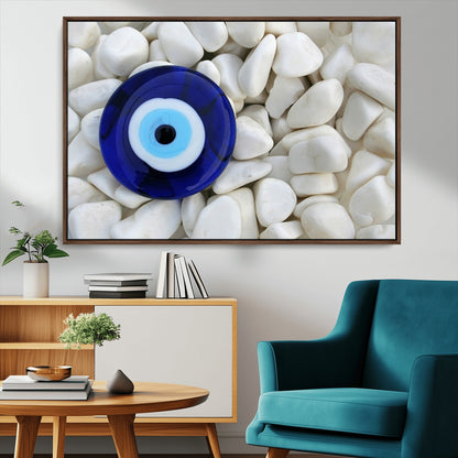 48883-MGV-CV-36X24-Evil Eye Wall Art – Deep Blue Symbol of Presence and Calm on White Stones, Subtle Spiritual Decor for Entryway, Studio, Office or