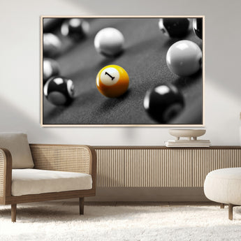 52108-MGV-FC-36X24_Natural-Precision Pool Table Wall Art – Close Up Yellow 1 Ball Canvas Print, Hand-Played Billiards Game Decor for Office, Game Room, or