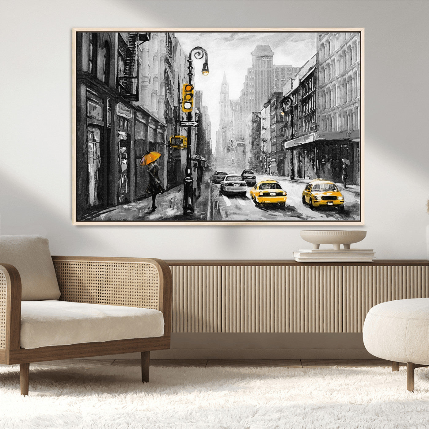 32362-MGV-CV-36X24-NYC Street Wall Art – Black and White Cityscape with Yellow Taxis and Umbrella Canvas Print, Urban Home Decor for Living Room or