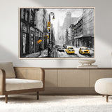 32362-MGV-CV-36X24-NYC Street Wall Art – Black and White Cityscape with Yellow Taxis and Umbrella Canvas Print, Urban Home Decor for Living Room or