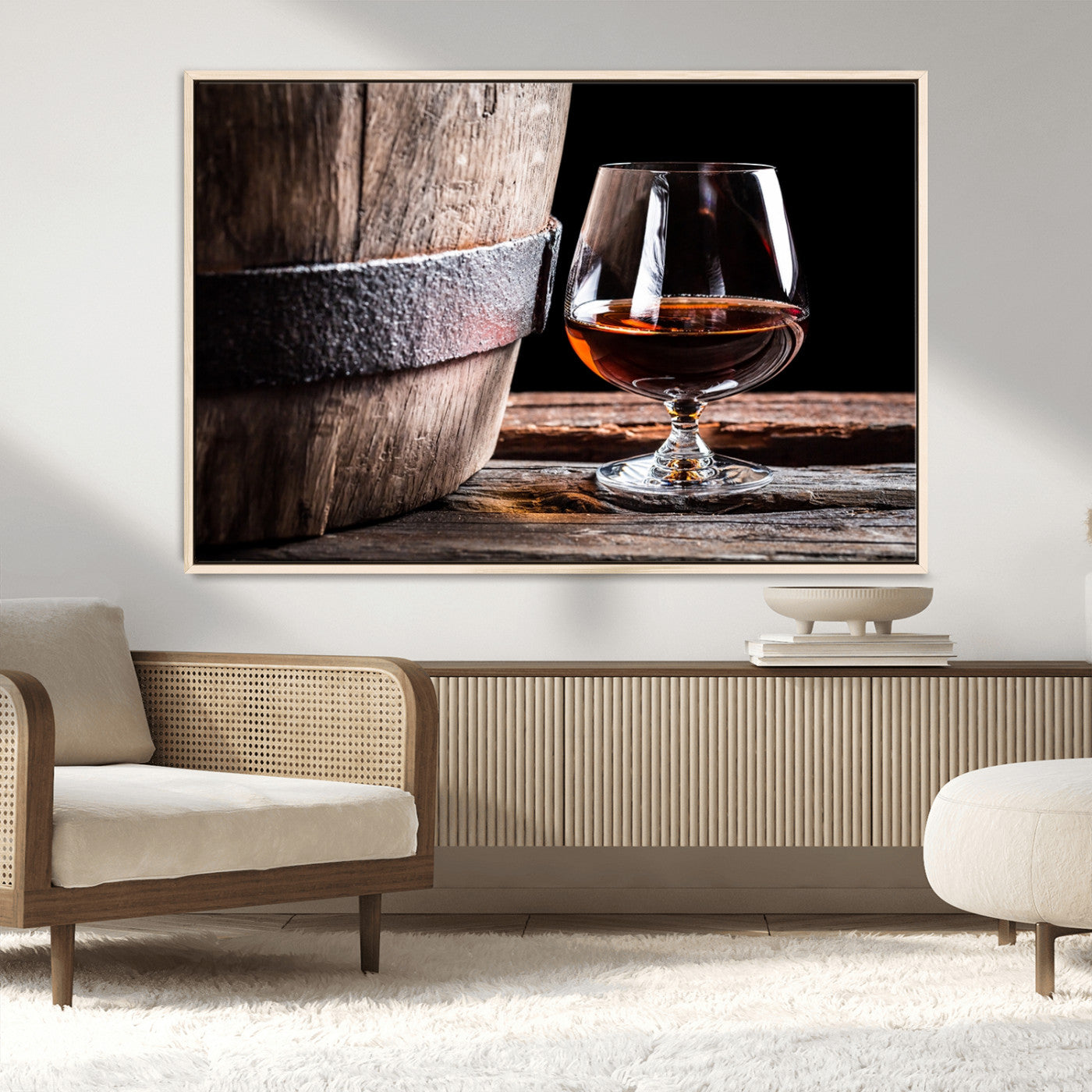 50839-MGV-CV-36X24-Barrel & Brandy Wall Art – Rustic Whiskey Barrel and Brandy Glass Canvas Print, Elegant Home Bar or Lounge Decor for Office, Man