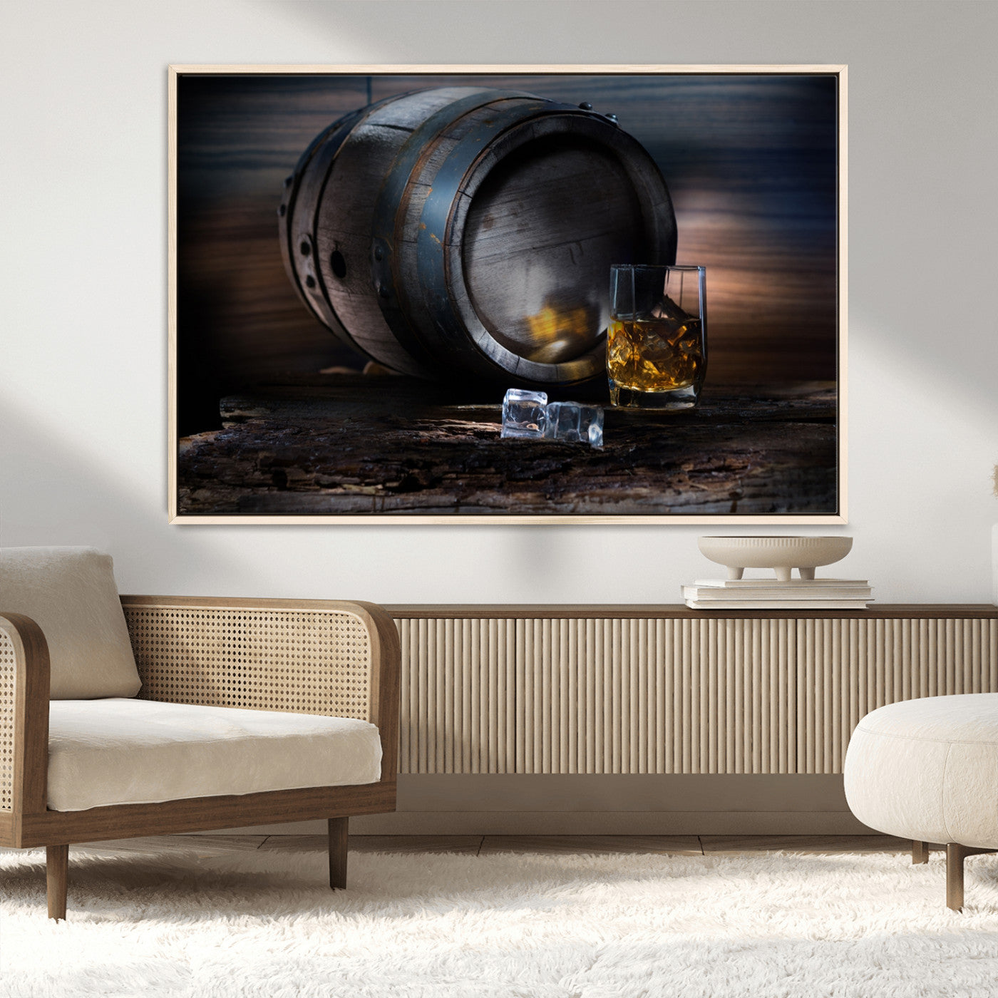78049-MGV-CV-36X24-Whiskey Barrel Wall Art – Rustic Whiskey Barrel and Glass with Ice Canvas Print, Classic Bar or Lounge Decor for Home, Office, or