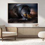 78049-MGV-CV-36X24-Whiskey Barrel Wall Art – Rustic Whiskey Barrel and Glass with Ice Canvas Print, Classic Bar or Lounge Decor for Home, Office, or