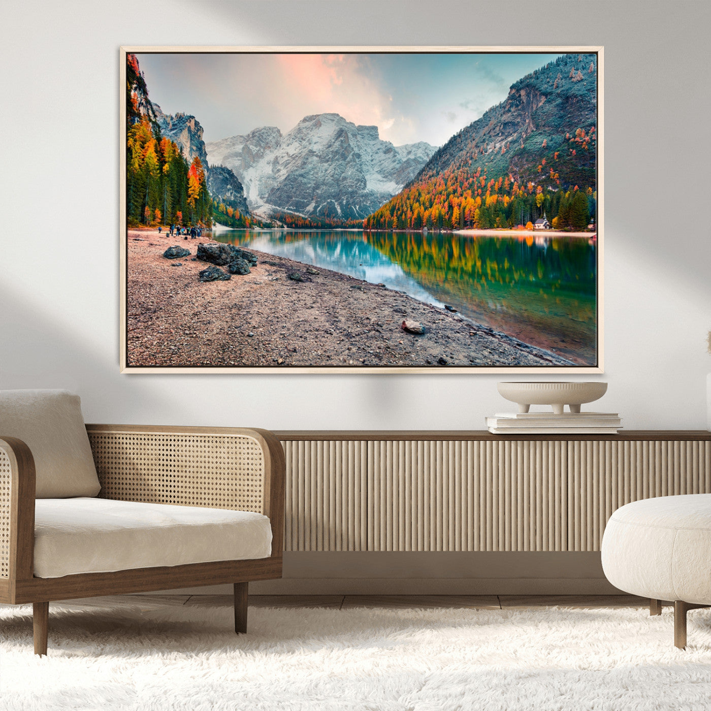 25982-MGV-CV-36X24-Autumn Mountain Lake Wall Art – Panoramic Fall Foliage and Snowy Peaks Canvas Print, Scenic Nature Decor for Living Room or Office