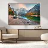 25982-MGV-CV-36X24-Autumn Mountain Lake Wall Art – Panoramic Fall Foliage and Snowy Peaks Canvas Print, Scenic Nature Decor for Living Room or Office