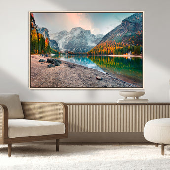 25982-MGV-CV-36X24-Autumn Mountain Lake Wall Art – Panoramic Fall Foliage and Snowy Peaks Canvas Print, Scenic Nature Decor for Living Room or Office