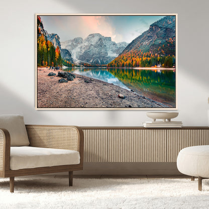 25982-MGV-CV-36X24-Autumn Mountain Lake Wall Art – Panoramic Fall Foliage and Snowy Peaks Canvas Print, Scenic Nature Decor for Living Room or Office