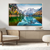 10402-MGV-FC-36X24_Natural-Snowy Mountain Lake Wall Art – Autumn Landscape Canvas Print with Reflection, Nature Decor for Living Room, Office, Bedroom or