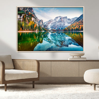 10402-MGV-FC-36X24_Natural-Snowy Mountain Lake Wall Art – Autumn Landscape Canvas Print with Reflection, Nature Decor for Living Room, Office, Bedroom or