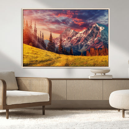 83947-MGV-CV-36X24-Sunset Mountain Landscape Wall Art – Panoramic Alpine Meadow and Snow Capped Peaks Canvas Print, Nature Scenic Decor for Home,