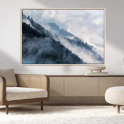 85737-MGV-CV-36X24-Misty Mountain Wall Art – Atmospheric Pine Forest Canvas Print with Fog and Mist, Calm Nature Decor for Living Room, Bedroom,