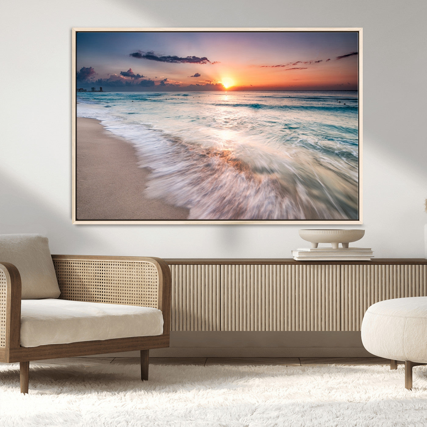 71849-MGV-FC-36X24_Natural-Sunrise Ocean Beach Wall Art – Serene Seascape Canvas Print with Gentle Waves, Coastal Nature Decor for Bedroom, Living Room or