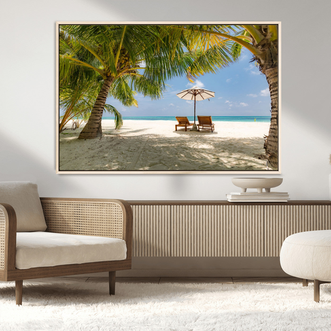 83601-MGV-CV-36X24-Tropical Beach Wall Art – Serene Palm Trees and Lounge Chairs Canvas Print, Relaxing Coastal Decor for Living Room, Bedroom or