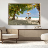 83601-MGV-CV-36X24-Tropical Beach Wall Art – Serene Palm Trees and Lounge Chairs Canvas Print, Relaxing Coastal Decor for Living Room, Bedroom or
