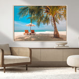 69754-MGV-CV-36X24-Tropical Beach Wall Art – Relaxing Palm Tree and Lounge Chairs Canvas Print, Serene Coastal Decor for Living Room, Bedroom, Office