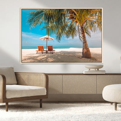 69754-MGV-CV-36X24-Tropical Beach Wall Art – Relaxing Palm Tree and Lounge Chairs Canvas Print, Serene Coastal Decor for Living Room, Bedroom, Office