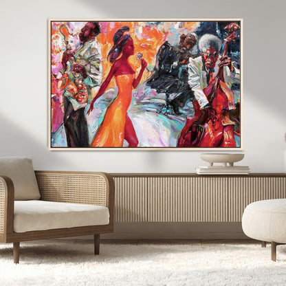 24452-MGV-CV-36X24-Vibrant Jazz Musician Painting - Expressive Art Print of Live Jazz Band, Perfect Wall Decor for Music Lovers and Art Enthusiasts